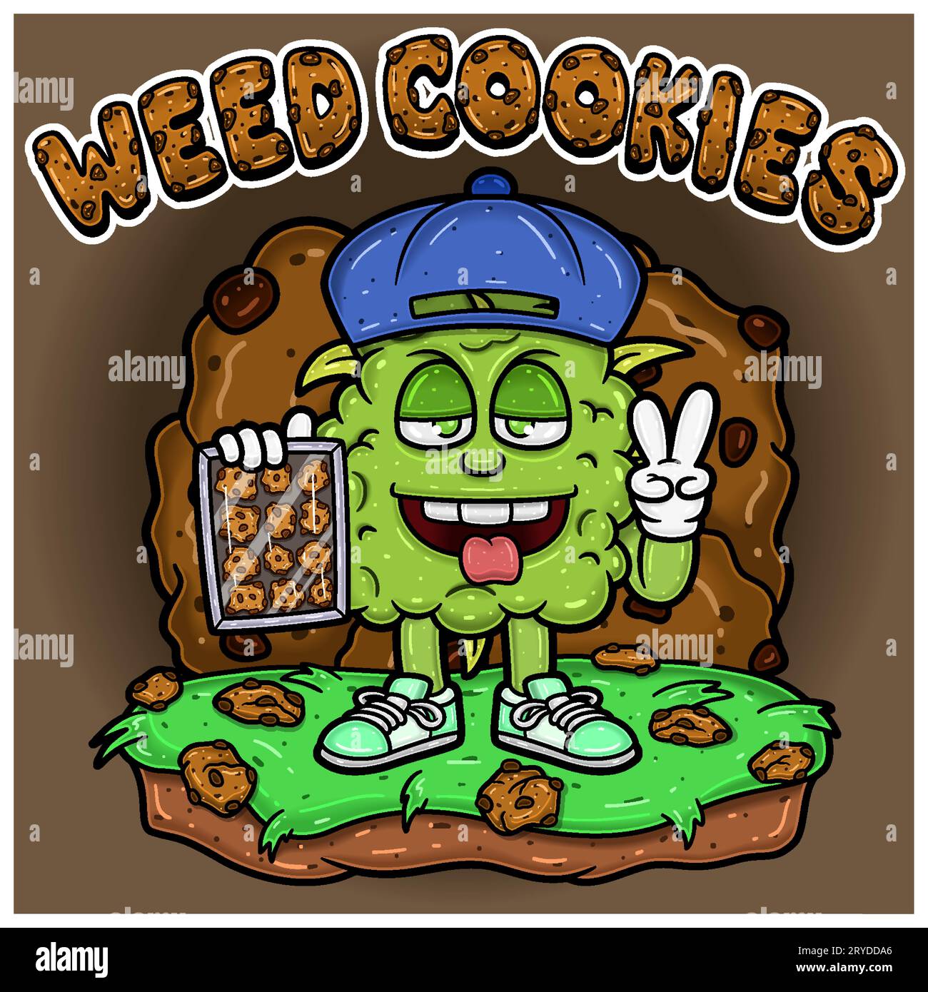Weed Bud Mascot Cartoon Holding Cookies With Backgrounds and Text. For