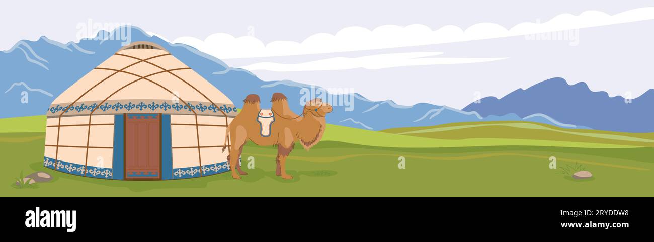 Mongolian landscape. A yurt against the background of mountains, a domestic camel next to the traditional dwelling of nomads. Green pastures, vector Stock Vector
