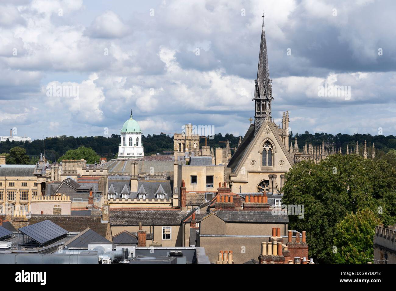 Oxford skyline and rooftops seen from Saint Michael at the North Gate church. Green dome of the Sheldonian Theatre and Exeter Chapel spire. England Stock Photo