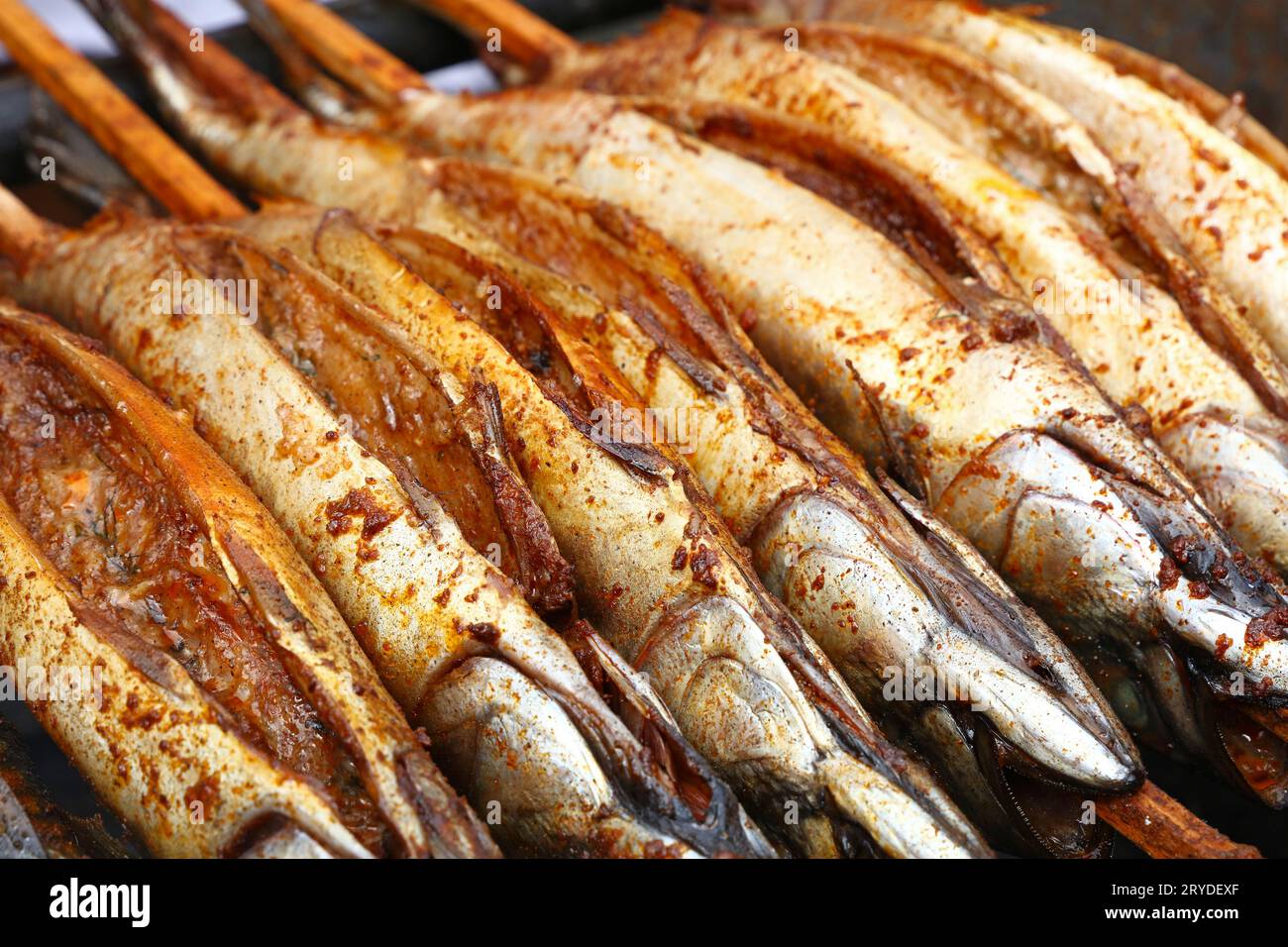 Cooking bonito mackerel fish on grill Stock Photo Alamy
