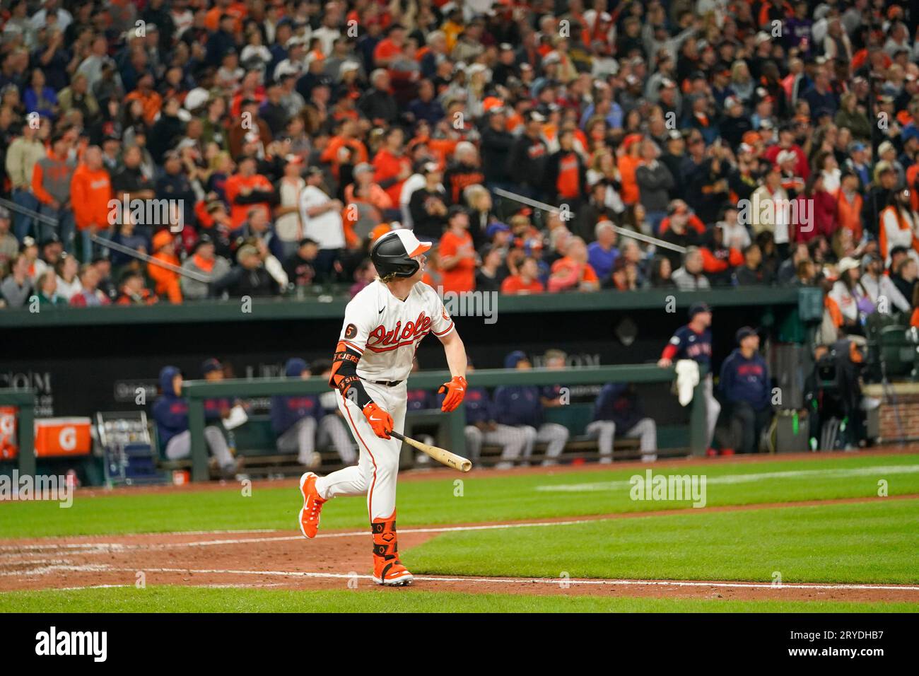 Baltimore Orioles' Heston Kjerstad watches his ball as he hits an