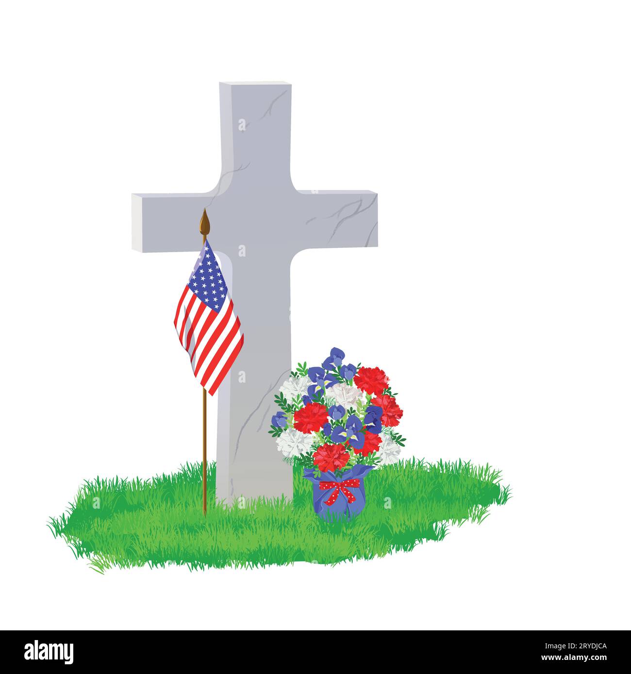 A white marble tombstone in the shape of a cross on the green grass. A bouquet of white, blue and red flowers. On Memorial Day, the grave is decorated Stock Vector