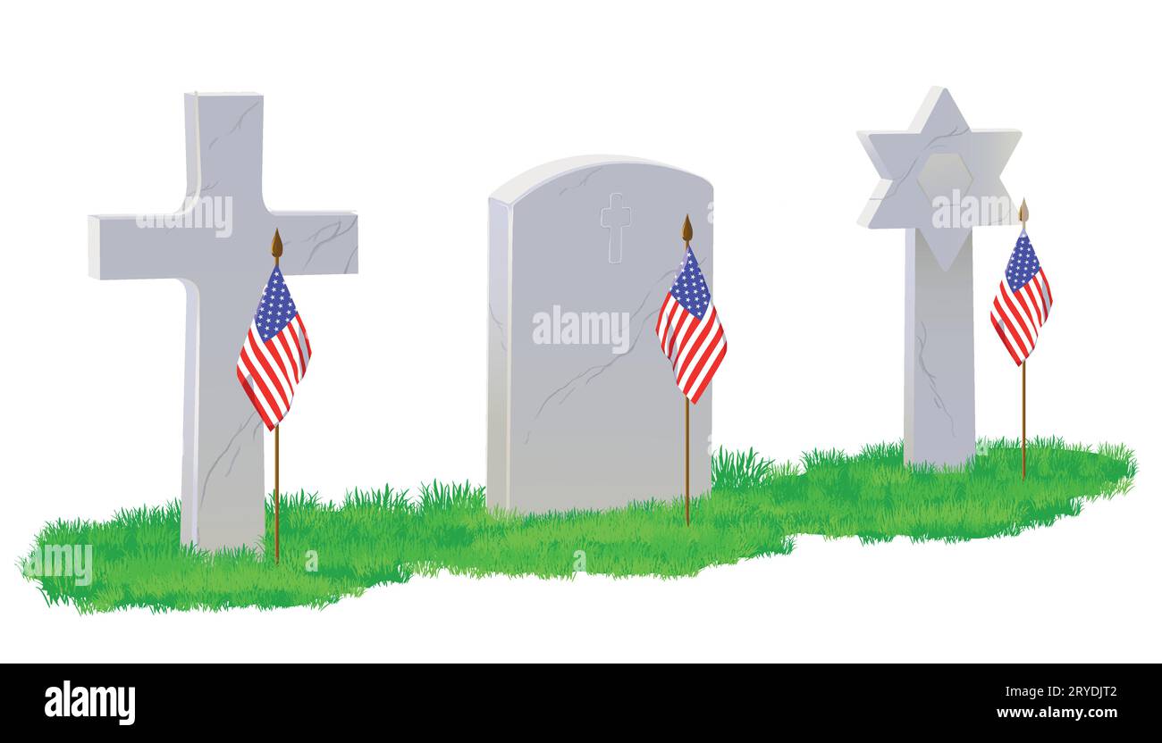 Tombstone, Christian cross Jewish tombstone in the shape of the star of David on the green lawn. Small American flags are laid on the grave in memory Stock Vector