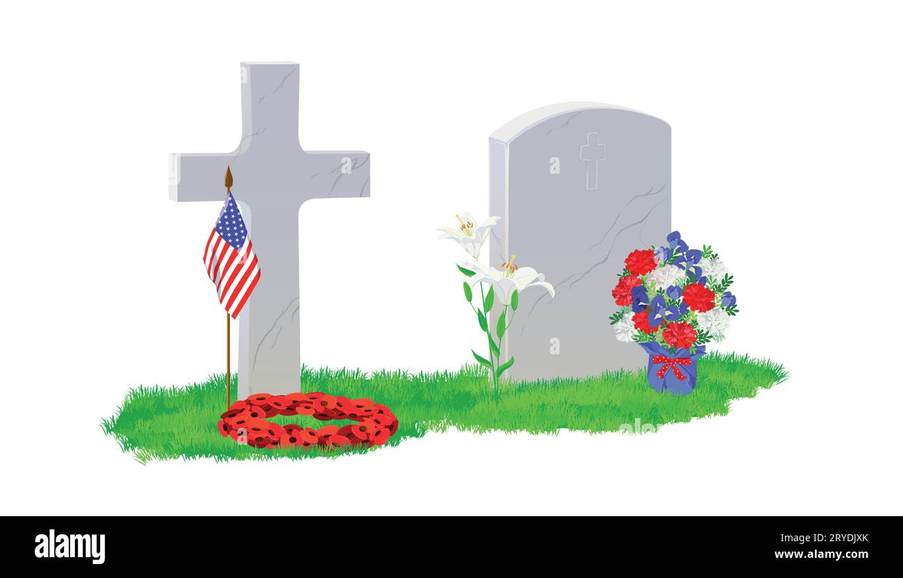 A white marble tombstone and a cross on green grass, a bouquet of red poppies and an American flag. The grave is decorated with a flower wreath. Comme Stock Vector