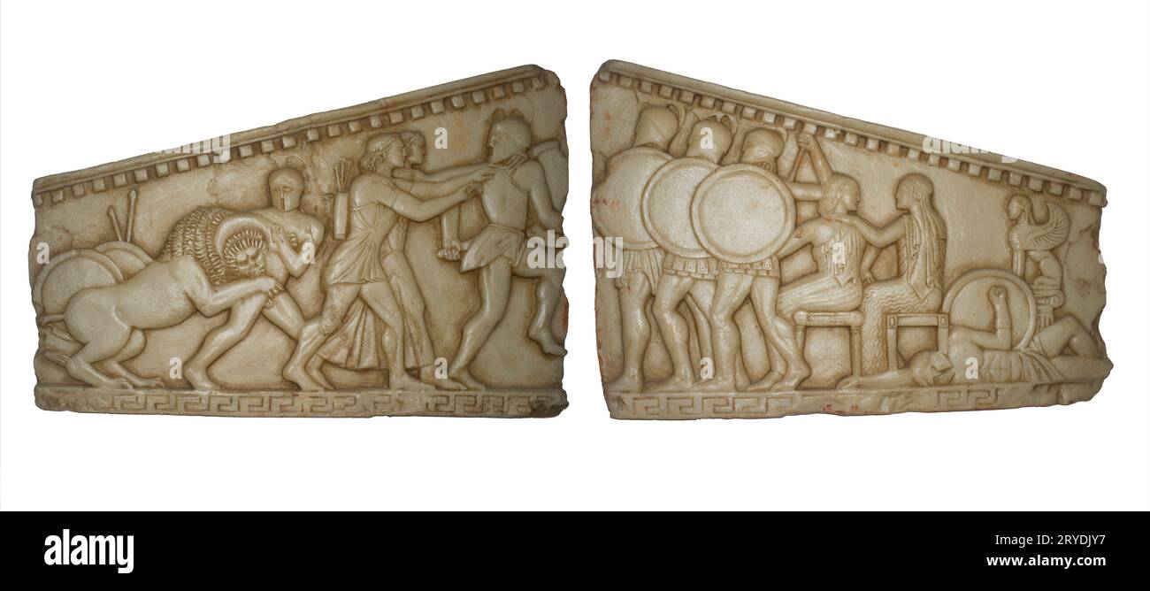 Souvenir from Greece depicting North Frieze of the Siphnian Treasury. Original at Delphi Museum Stock Photo