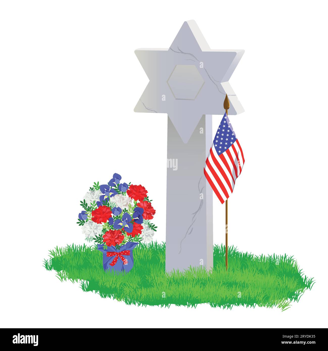 A Jewish tombstone in the shape of the star of David on a green lawn. Small American flags are laid on the grave in memory of the heroes. Memorial Day Stock Vector