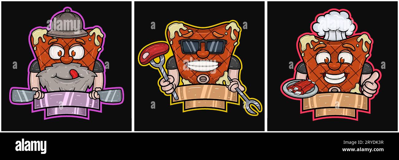Set Of Beef Steak Mascot Cartoon. Delicious, Cool and Happy Face. Blank