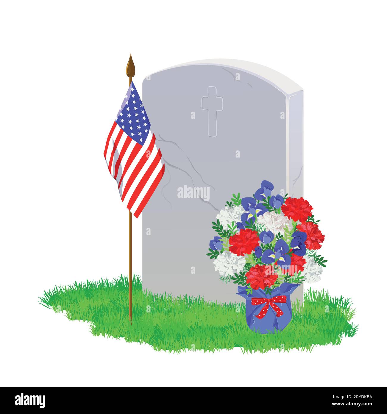 A white marble tombstone on the green grass.A bouquet of white, blue and red flowers. An American flag adorns the grave on Memorial Day. Vector illust Stock Vector