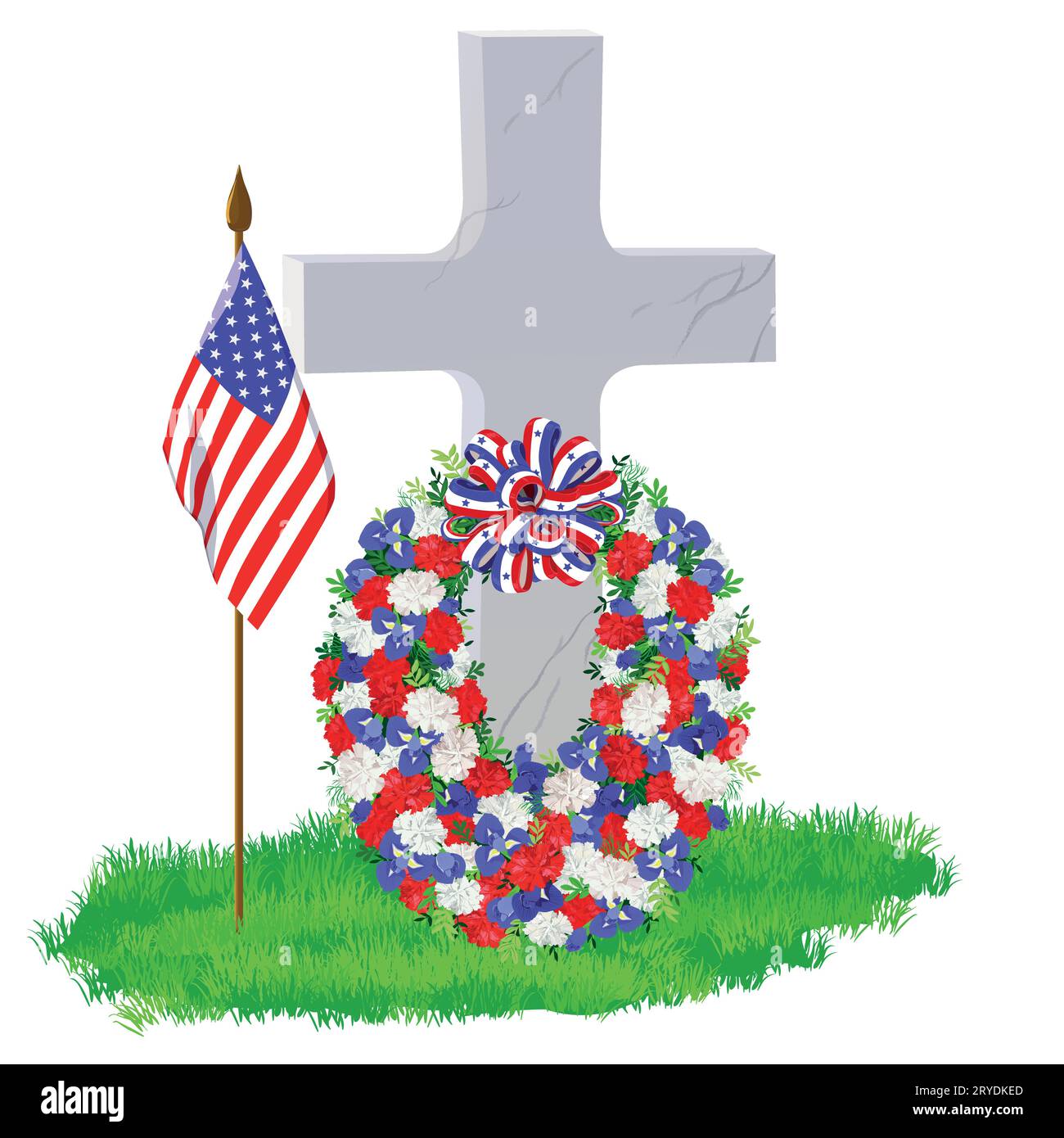 White marble tombstone in the shape of a cross on green grass. Wreath of white, blue and red flowers. On Memorial Day, an American flag adorns the gra Stock Vector