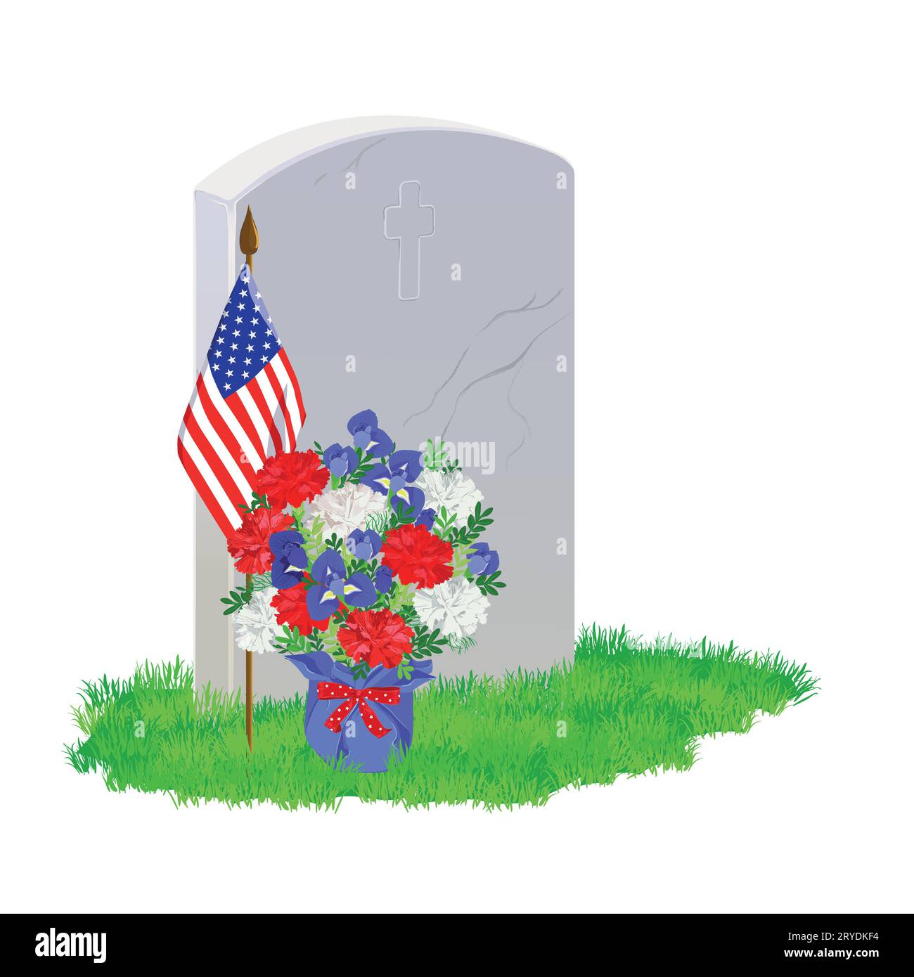 A white marble tombstone on the green grass.A bouquet of white, blue and red flowers. An American flag adorns the grave on Memorial Day. Vector illust Stock Vector