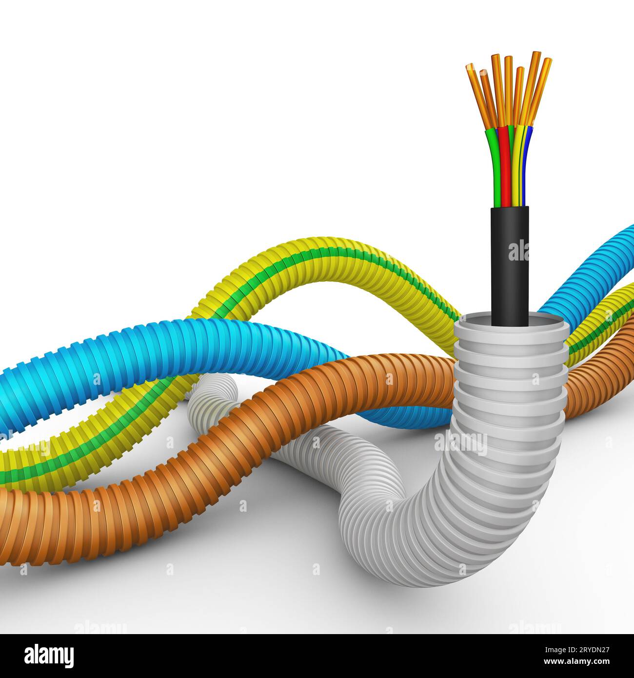 Cable Connection Visualization Electric cable and multi-colored flexible corrugated pipes. 3D ...