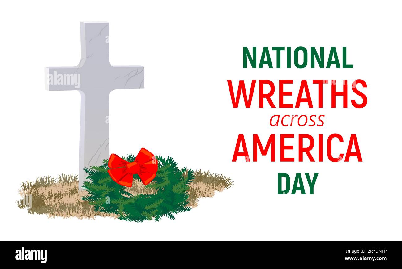 A tombstone in the shape of a cross made of gray marble and a wreath of fir branches on national wreaths across America in honor of fallen heroes.. Stock Vector