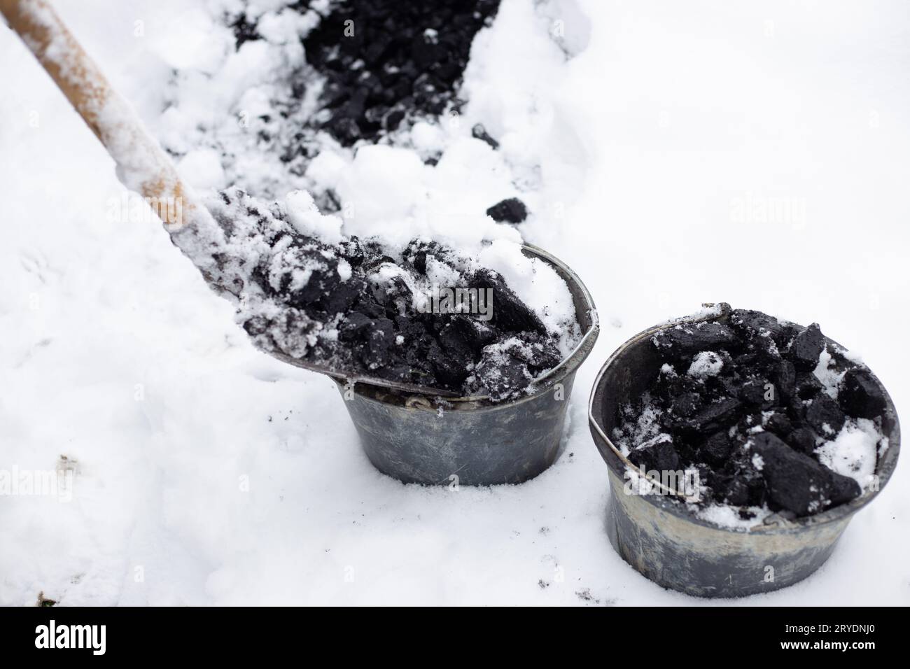 man puts coal into buckets with a shovel on a winter cold snowy day. a pile of coal under the snow. House heating. Stock Photo