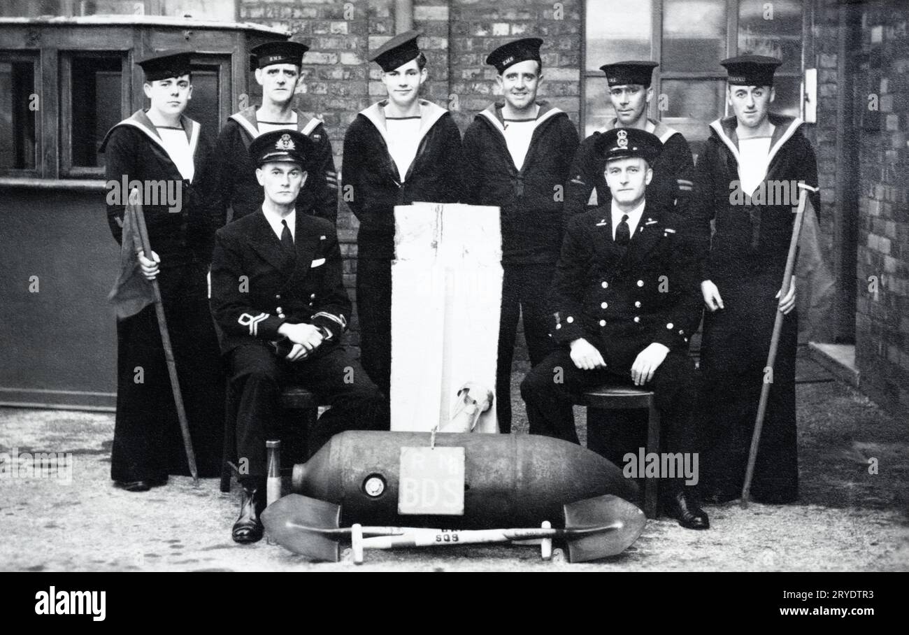 Royal Navy Bomb Disposal Squad with unexploded bombs during the Second World War. Stock Photo