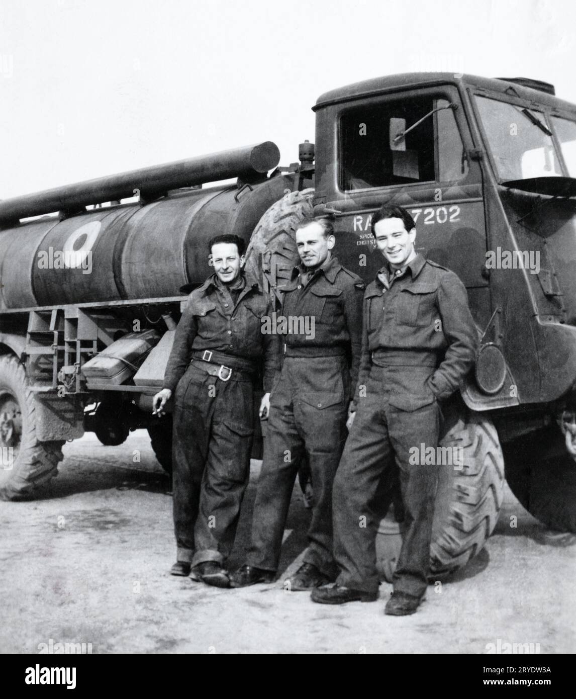 RAF ground crew with a Bedford tanker of 85 Group, 2nd Tactical Air Force. Taken in Melsbroek, Belgium, March 1945. Stock Photo