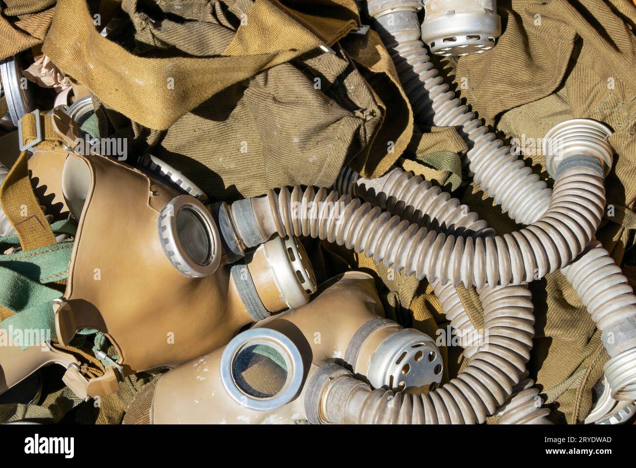 Background of old vintage gas respirator masks Stock Photo