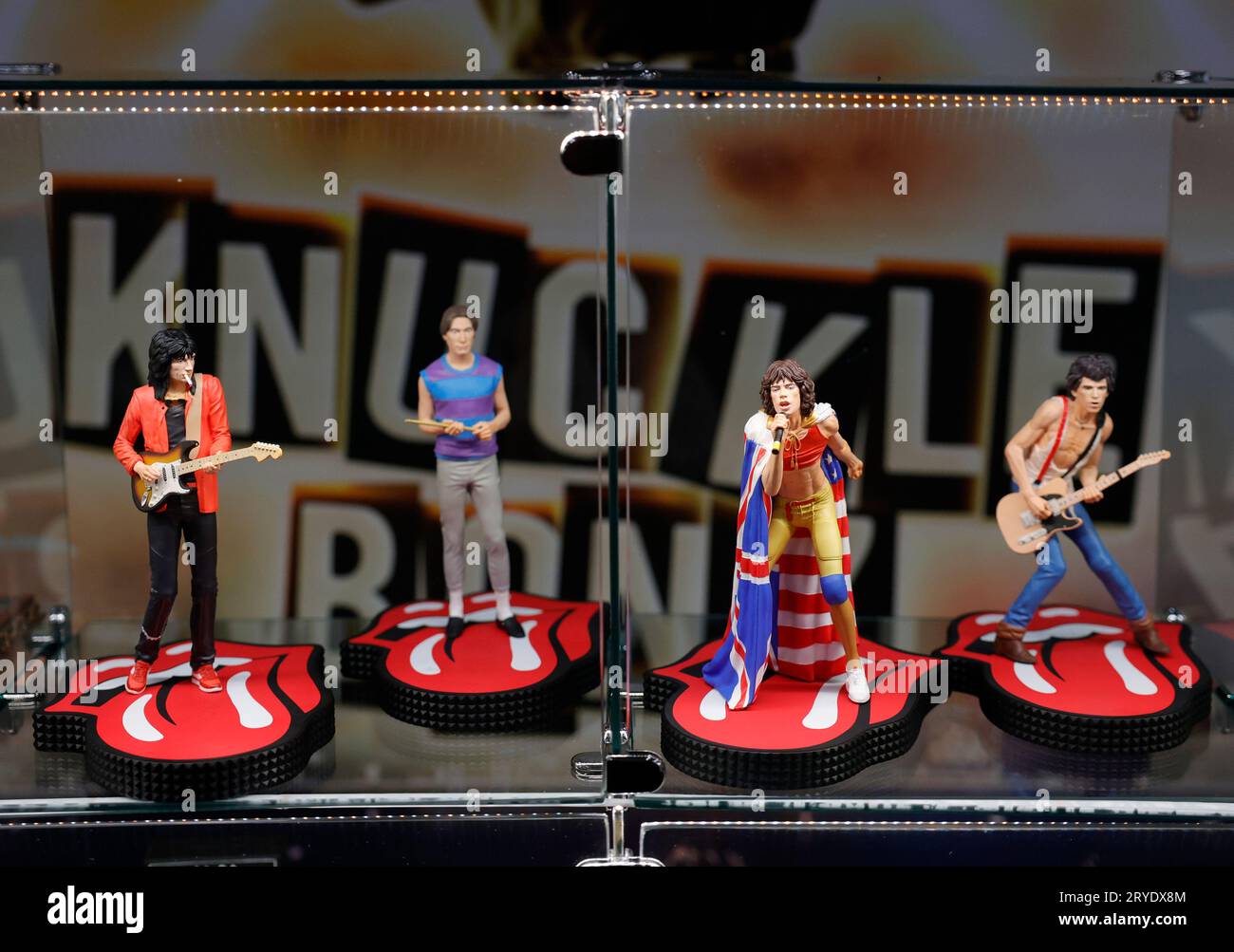 New York, United States. 30th Sep, 2023. Statues of The Rolling Stone members Ron Wood, Charlie Watts, Mick Jagger and Keith Richard from toy maker KnuckleBonz are on display at the New York Toy Fair at the Jacob K. Javits Convention Center in New York City on Saturday, September 30, 2023. Photo by John Angelillo/UPI Credit: UPI/Alamy Live News Stock Photo