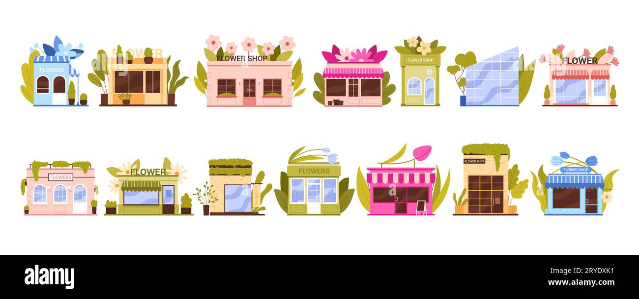 Flower shops set vector illustration. Cartoon isolated store exteriors collection, front street view of modern and old romantic buildings with windows and doors on facade, Flowers sign above entrance Stock Vector