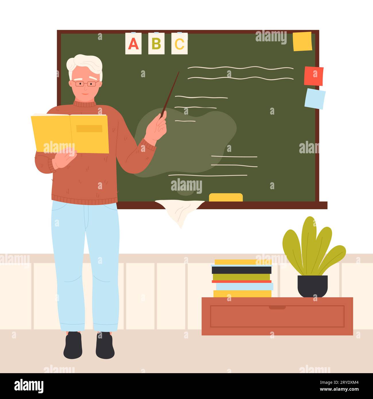 Teacher in English class at school vector illustration. Cartoon old man in glasses teaching, holding painter and open book, standing at green board in classroom to teach students language on lesson Stock Vector