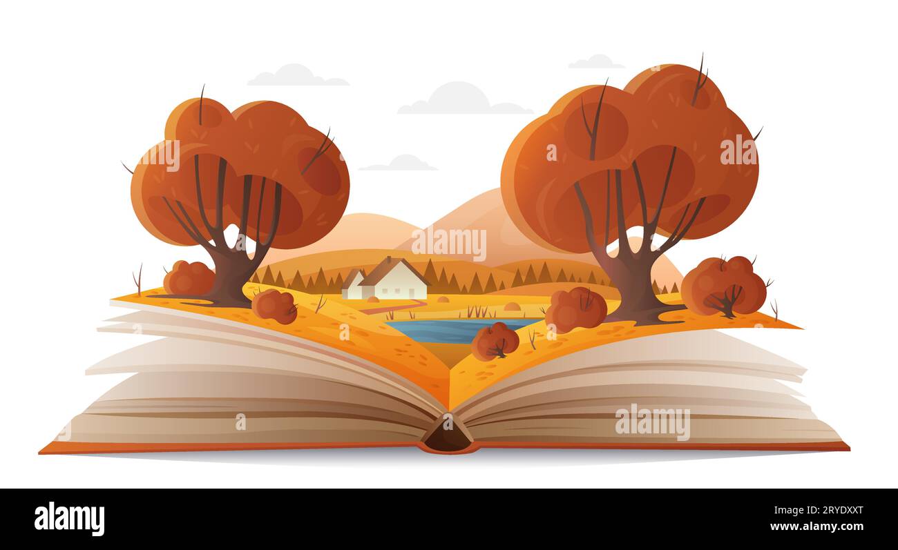 Autumn forest landscape on paper pages of open book vector illustration. Cartoon magic fall nature with trees and mountains, water of lake and cute family house, fantasy adventure in storybook Stock Vector