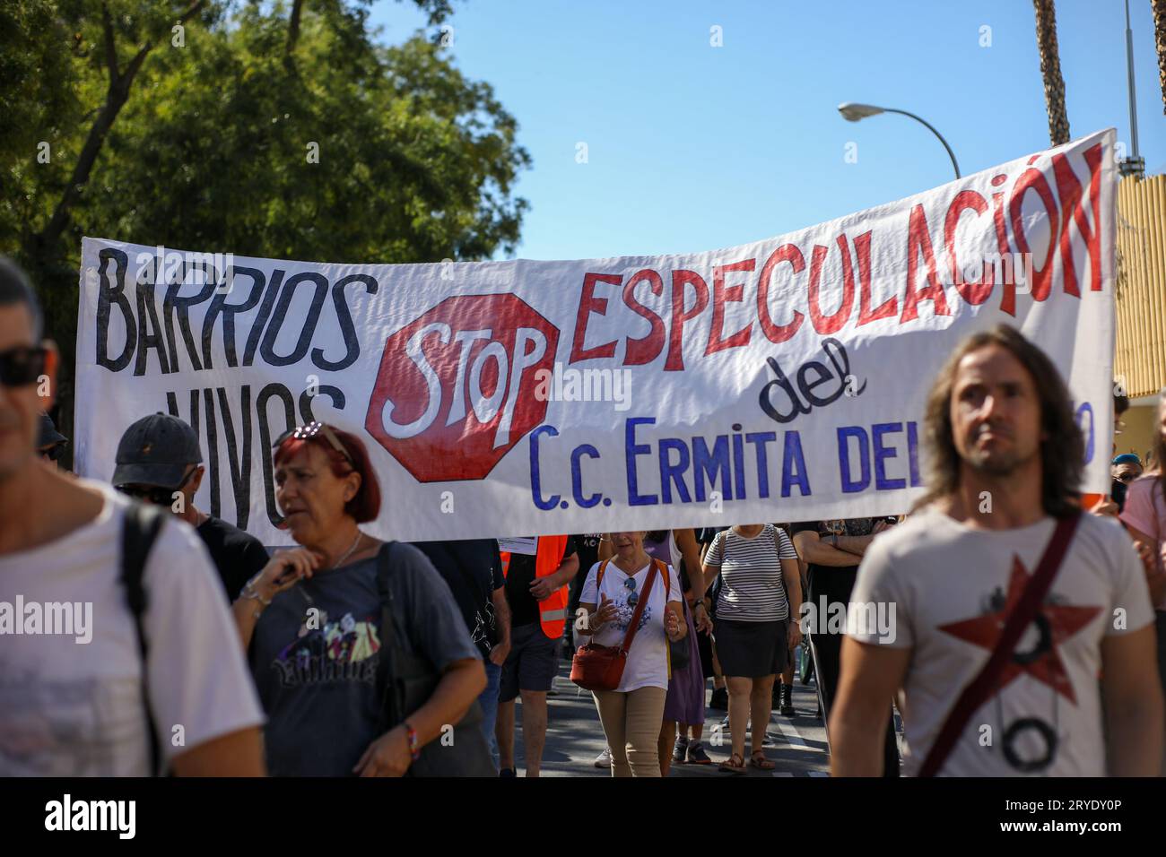 Madrid, Spain. 30th Sep, 2023. Protesters hold a banner during the demonstration. The residents of the Madrid neighborhood of Puerta del Angel have demonstrated for another week on the streets denouncing real estate speculation, the vulture funds that are taking over the neighborhood and the gentrification that is making life in the popular neighborhood increasingly more expensive. (Photo by David Canales/SOPA Images/Sipa USA) Credit: Sipa USA/Alamy Live News Stock Photo