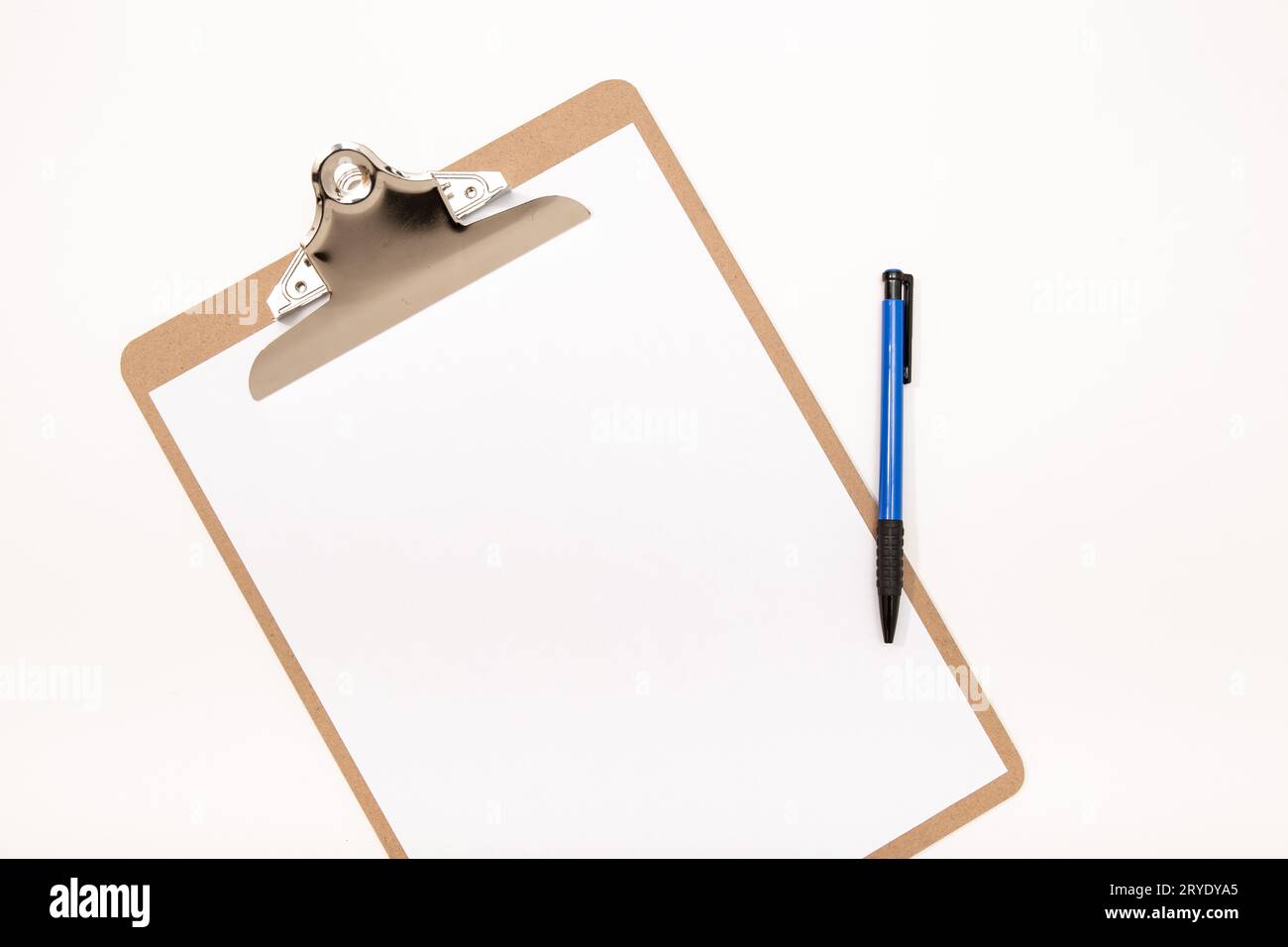Blank clipboard mock up and pen isolated on white background. White notepad Stock Photo
