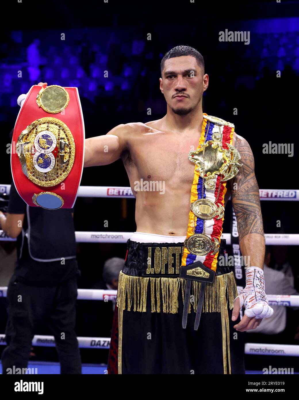 Jai Opetaia poses with his belts following the IBF World Cruiserweight Title Fight against Jordan Thompson at the OVO Arena Wembley, London. Picture date: Saturday September 30, 2023. Stock Photo