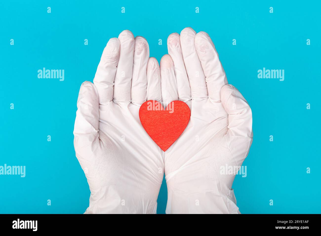 Hands in medical gloves holding a red heart shape model on blue background Stock Photo