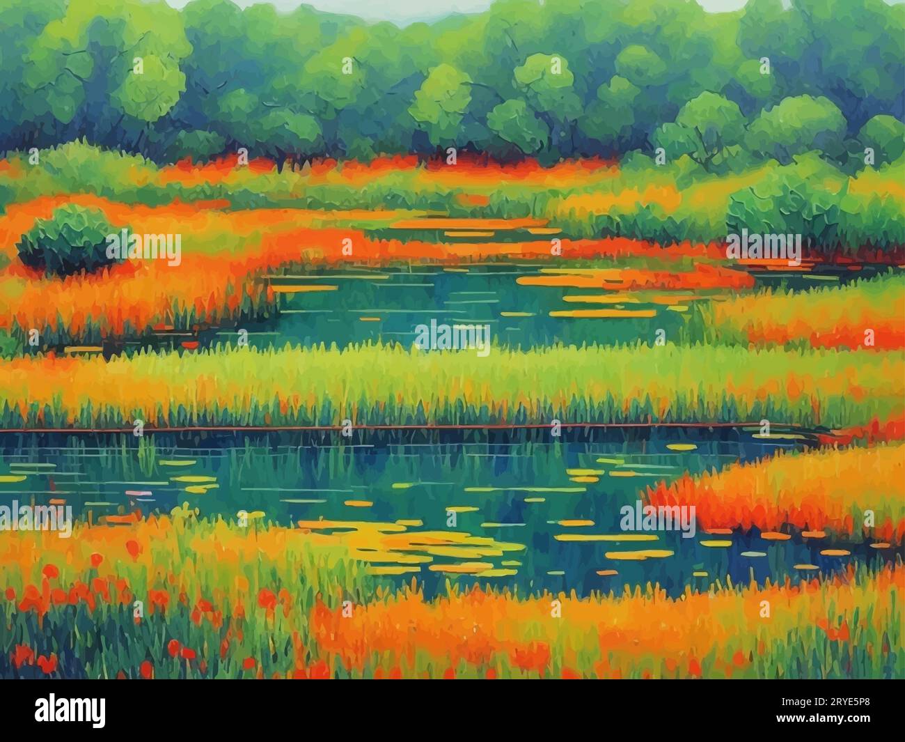 'Colorful Meadows, is a mesmerizing piece that celebrates the majesty and peacefulness of the natural world. landscape Art' Stock Vector