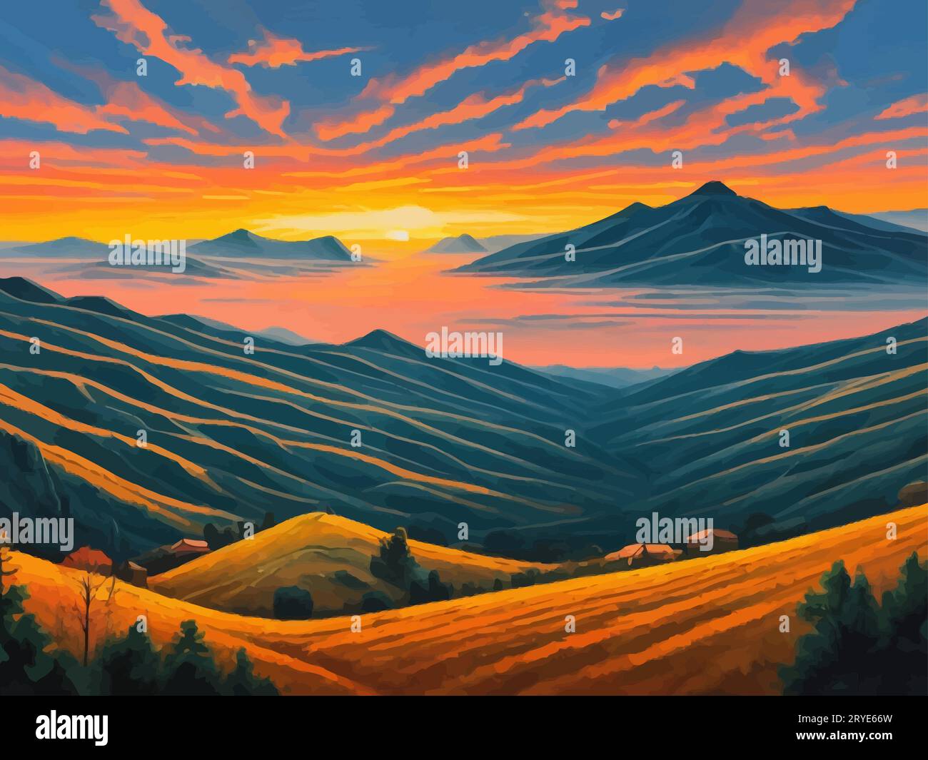 'Serene sunset, is a mesmerizing piece that celebrates the majesty and peacefulness of the natural world. landscape Art' Stock Vector