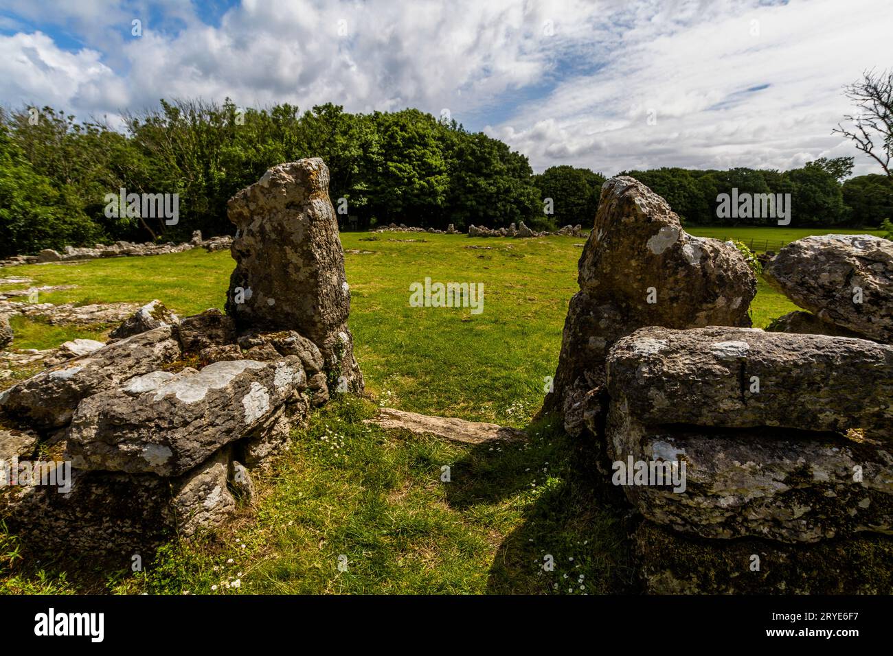 Stone entrance in Remains of Din Lligwy, or Din Llugwy ancient village, Near Moelfre, Anglesey, North Wales, UK, landscape, wide, angle, wideangle. Stock Photo