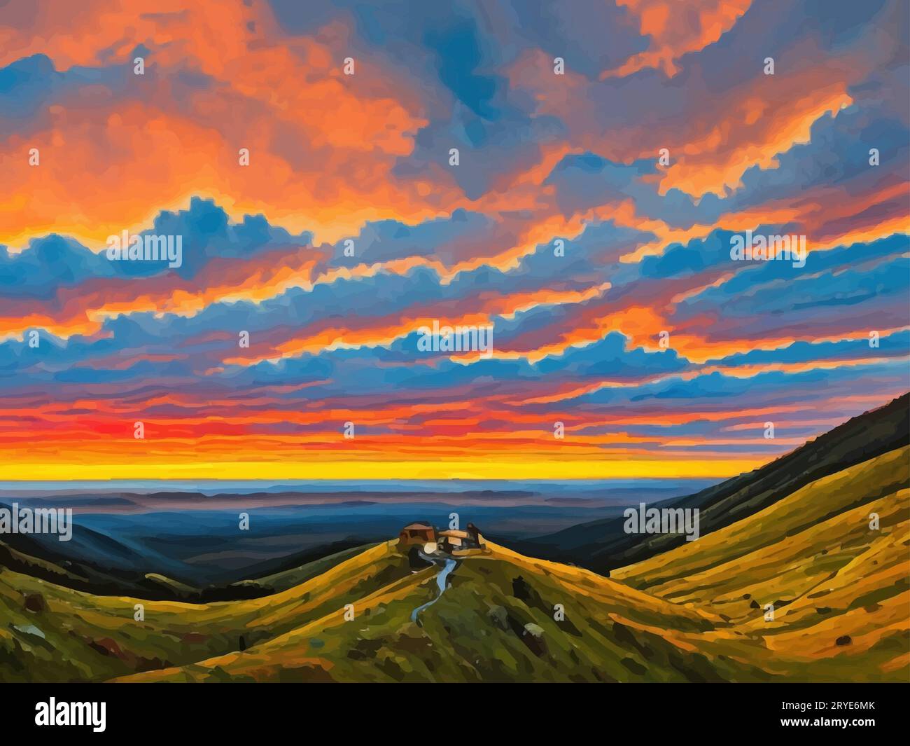 'Serene sunset, is a mesmerizing piece that celebrates the majesty and peacefulness of the natural world. landscape Art' Stock Vector