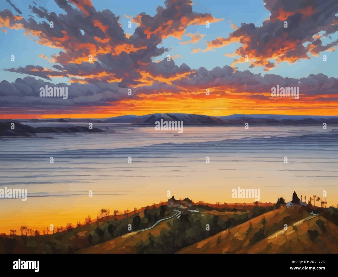 'Serene sunset, is a mesmerizing piece that celebrates the majesty and peacefulness of the natural world. landscape Art' Stock Vector