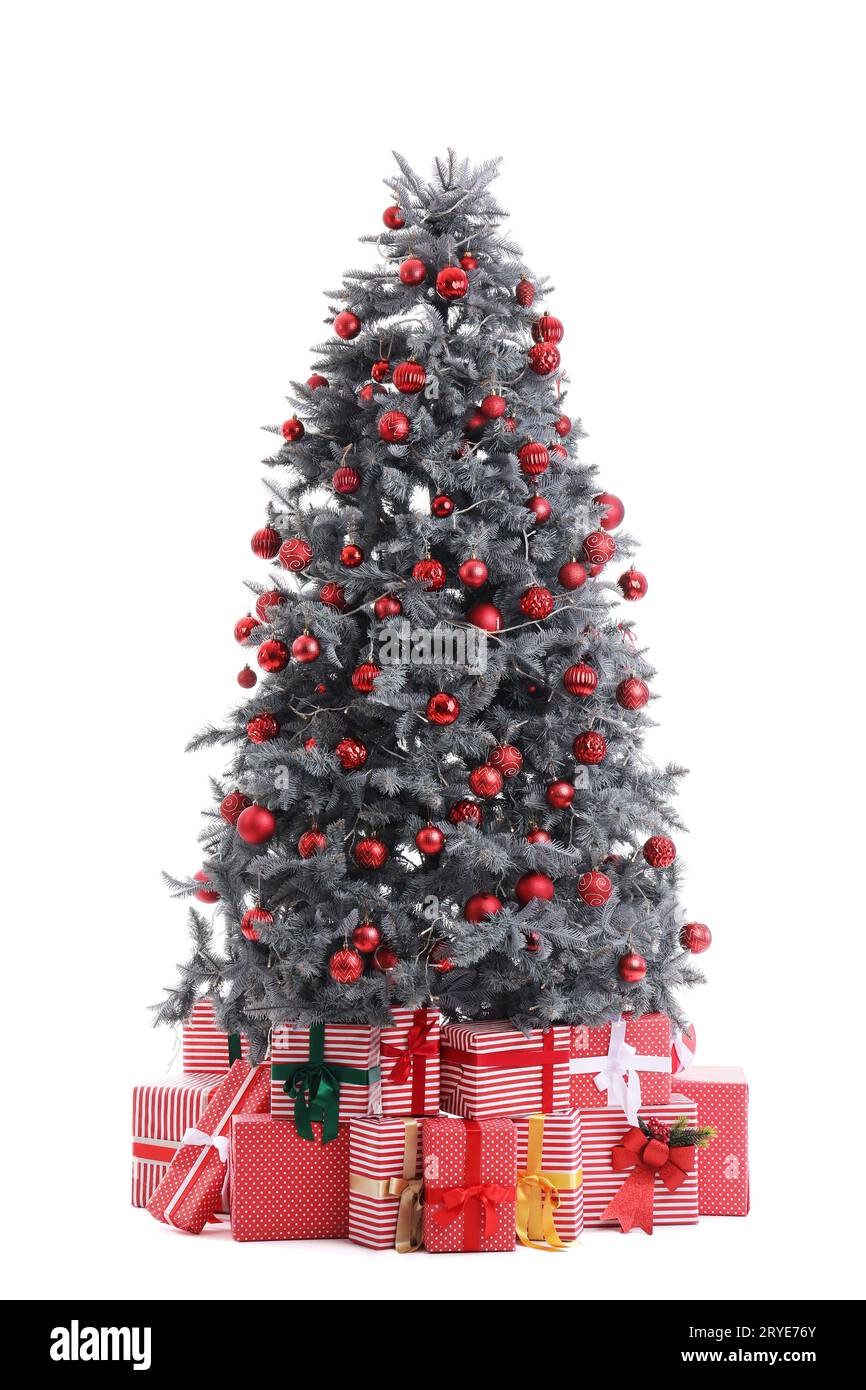 Gift boxes under Christmas tree isolated on white background Stock ...