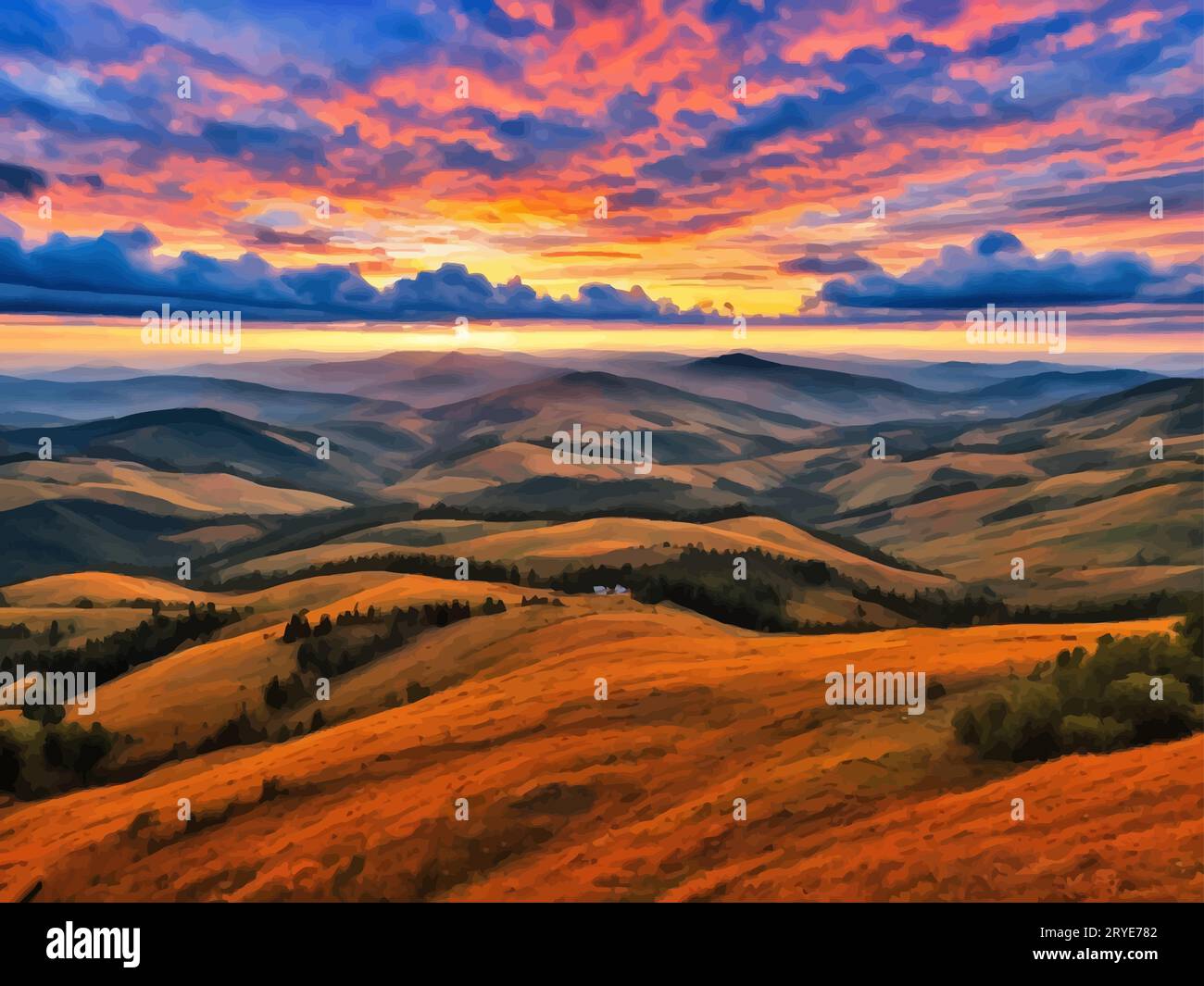 'Serene sunset, is a mesmerizing piece that celebrates the majesty and peacefulness of the natural world. landscape Art' Stock Vector