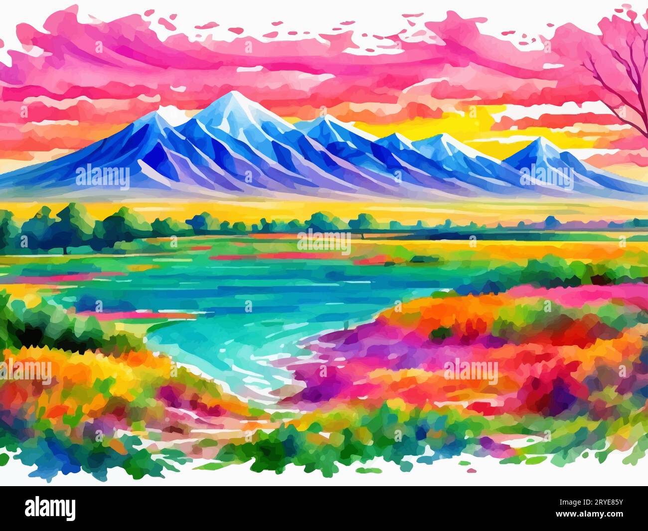 'Colorful Meadows, is a mesmerizing piece that celebrates the majesty and peacefulness of the natural world. landscape Art' Stock Vector