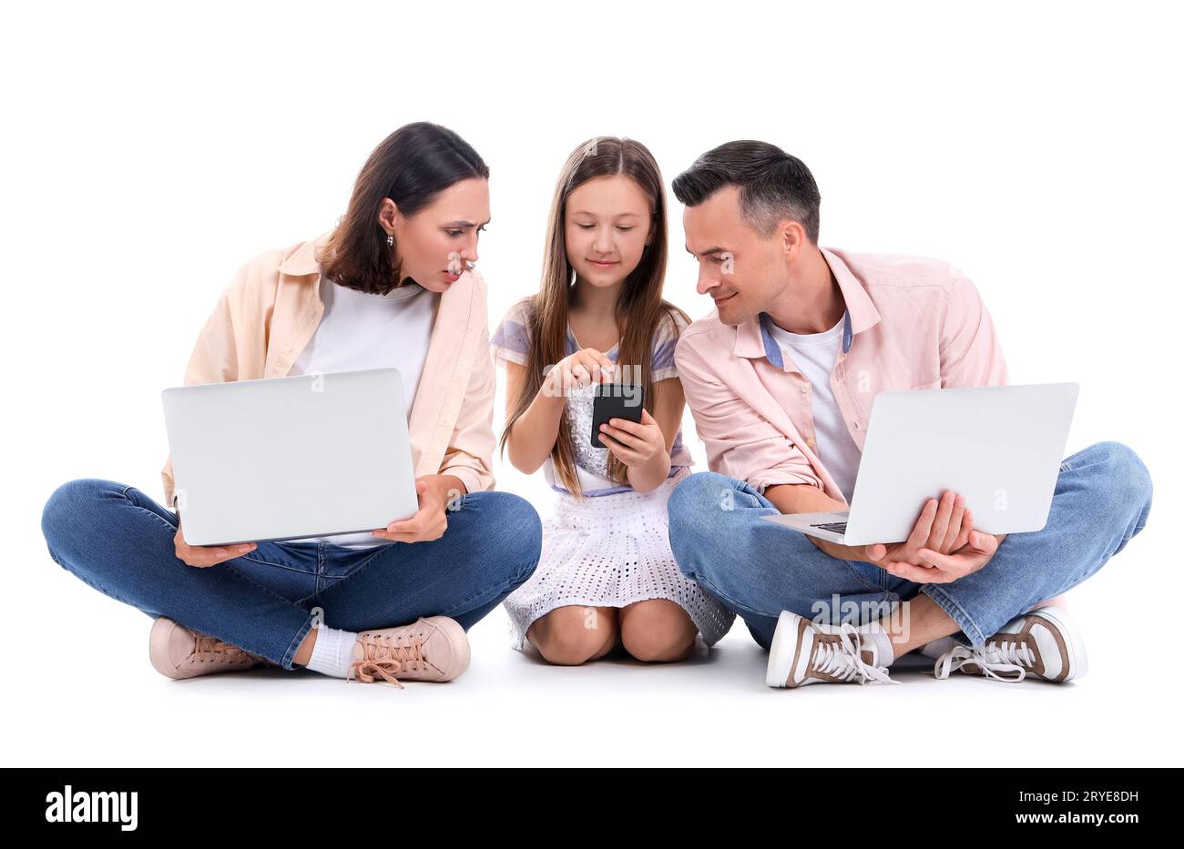 Happy family with gadgets isolated on white background Stock Photo - Alamy
