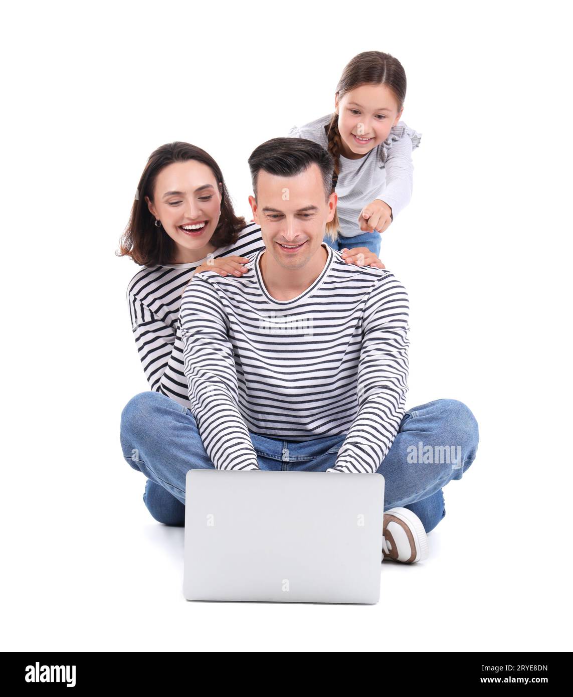Happy family with laptop isolated on white background Stock Photo - Alamy