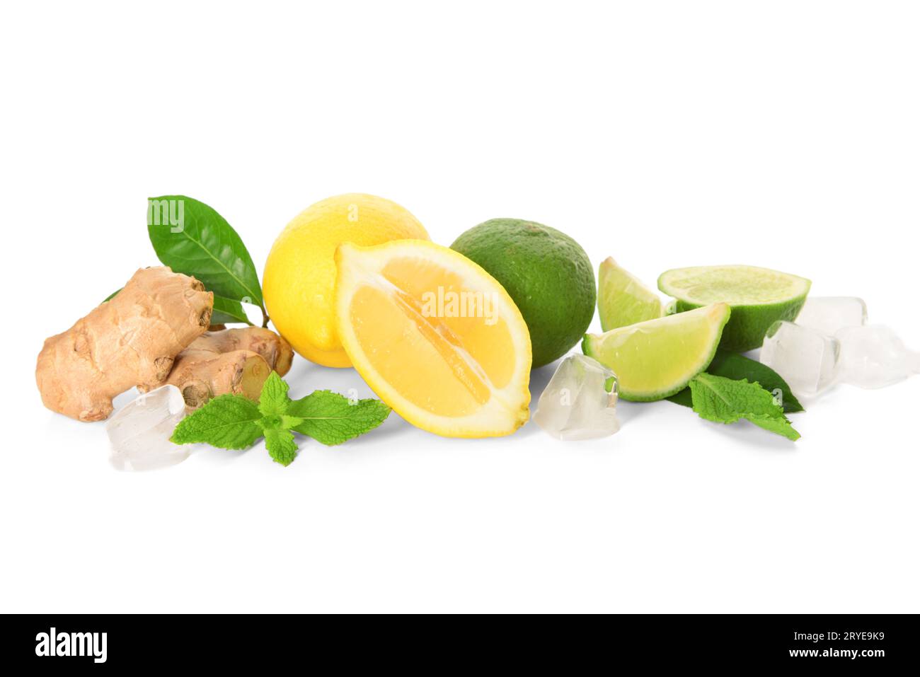 Ingredients for preparing lemonade on white background Stock Photo