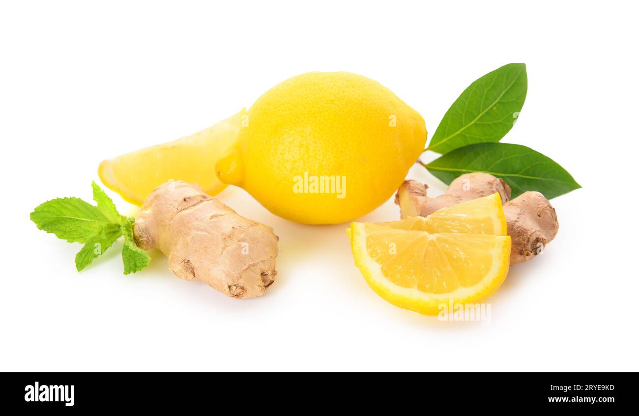 Ingredients for preparing lemonade on white background Stock Photo