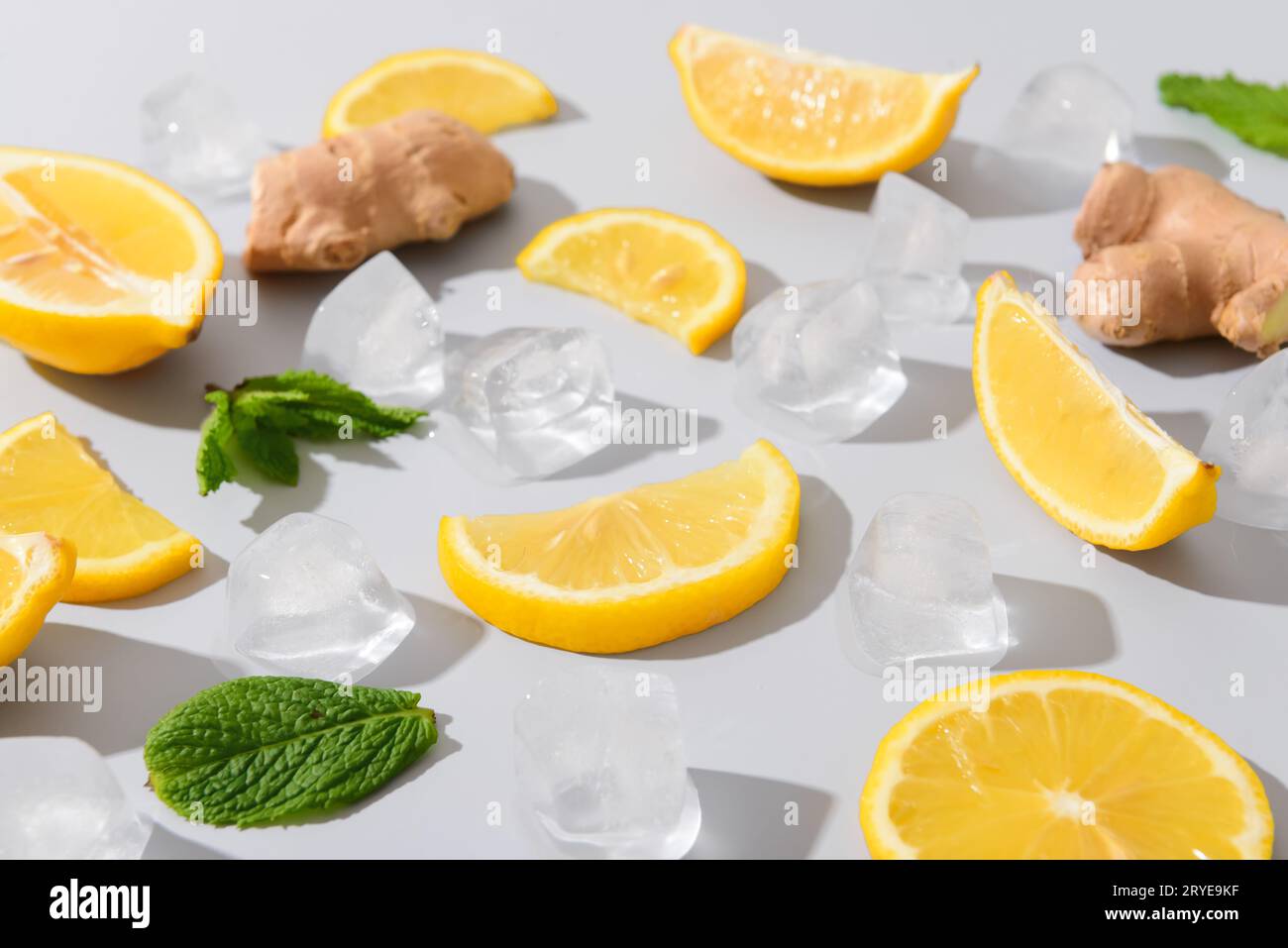 Ingredients for preparing lemonade on white background Stock Photo