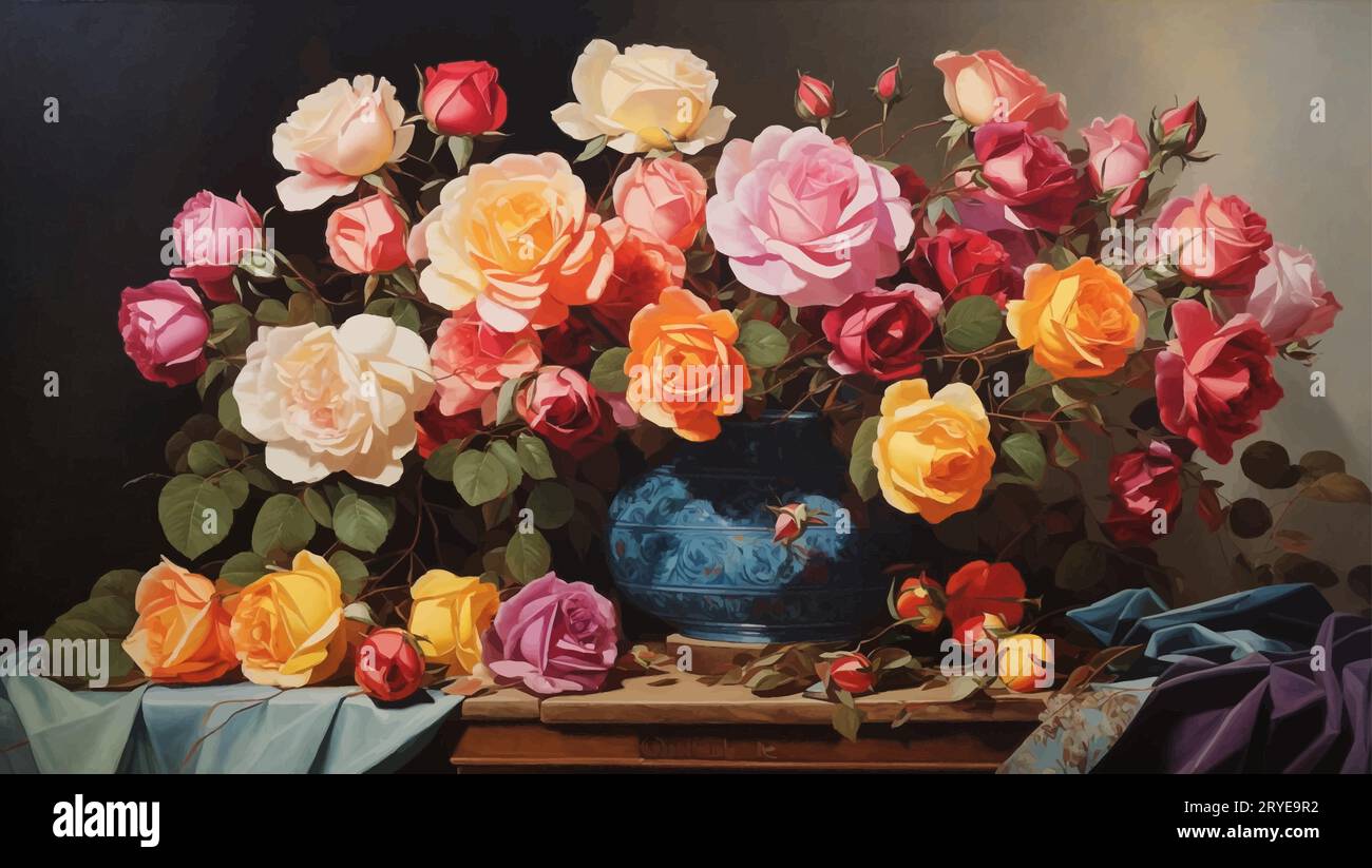 An artistic masterpiece titled "Still Life with Blooms" depicts the