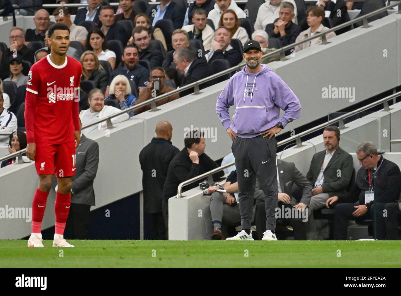 London, UK. 30th Sep, 2023. Liverpool Manager Jurgen Klopp looks on with a wry smile during the match. Premier League match, Tottenham Hotspur v Liverpool at the Tottenham Hotspur Stadium in London on Saturday 30th September 2023 . this image may only be used for Editorial purposes. Editorial use only pic by Sandra Mailer/Andrew Orchard sports photography/Alamy Live news Credit: Andrew Orchard sports photography/Alamy Live News Stock Photo