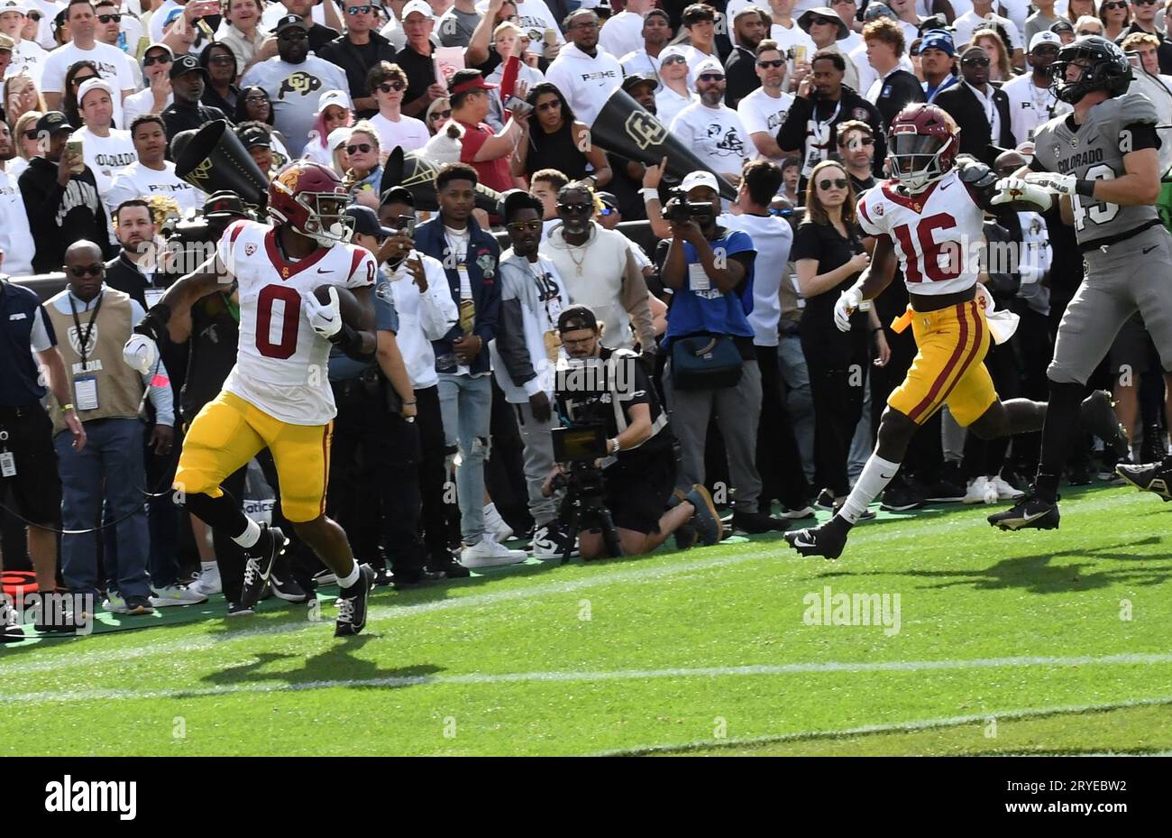 Boulder, United States. 30th Sep, 2023. USC Marshawn Lloyd (0)scores during the first half against Colorado at Folsom Field in Boulder, Colorado on Saturday, September 30, 2023. USC won 48-41. Photo by Kate Benic/UPI Credit: UPI/Alamy Live News Stock Photo