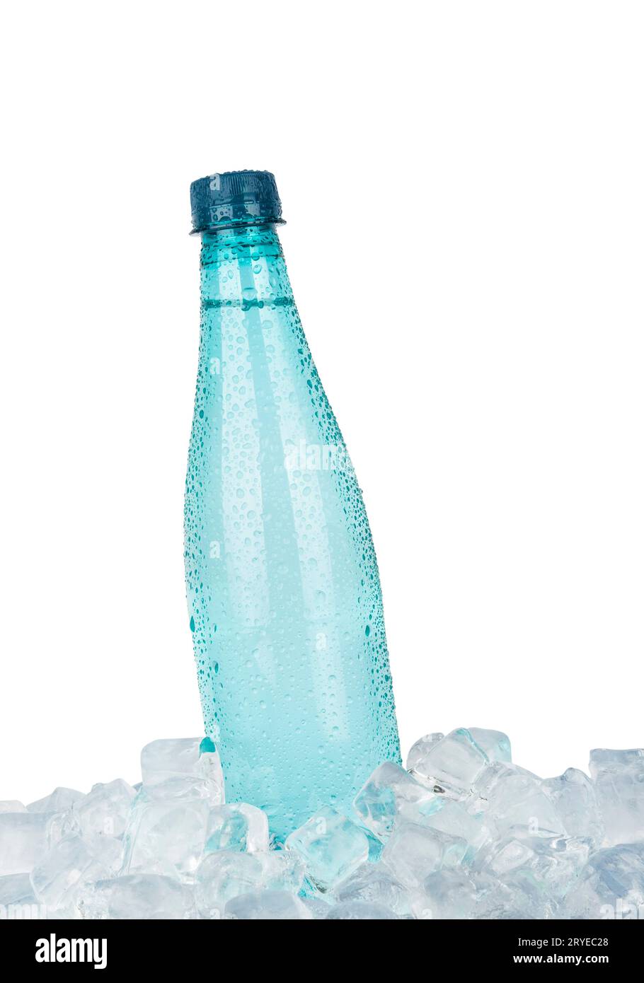 Plastic bottle of drinking water on ice over white Stock Photo