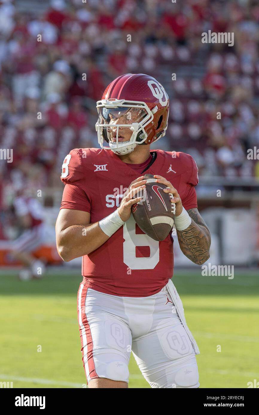 Oklahoma quarterback Dillon Gabriel (8) warms up for the team's NCAA
