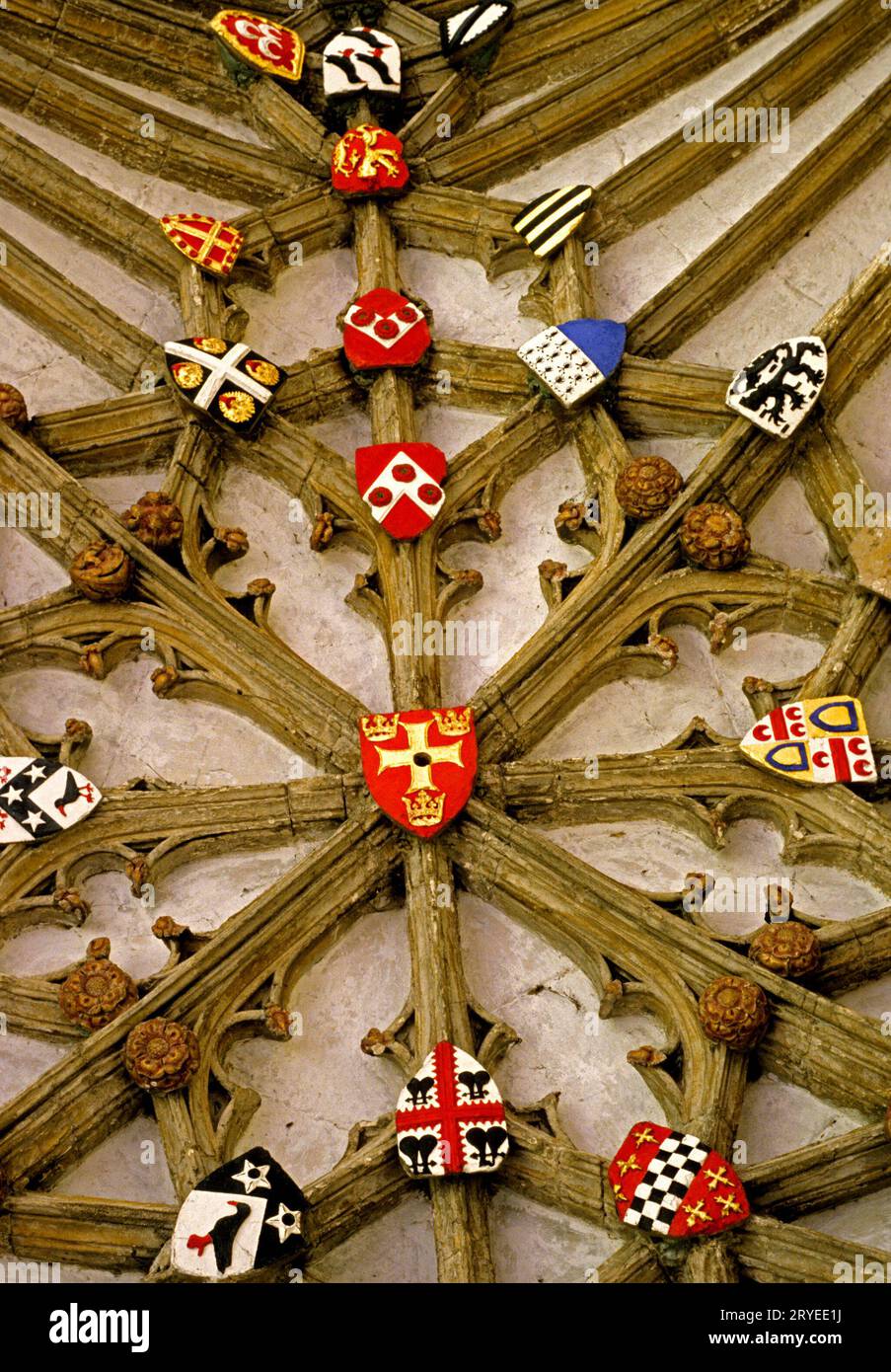 Canterbury Cathedral, Cloisters roof vaulting, Medieval, interior, heraldic shields, heraldry, Kent, England Stock Photo