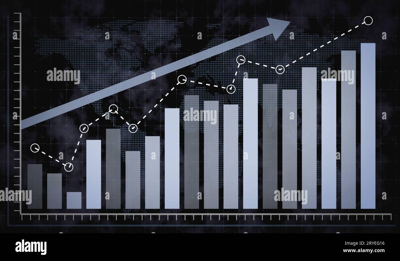 Rising blue bar graph and dotted world map Stock Photo