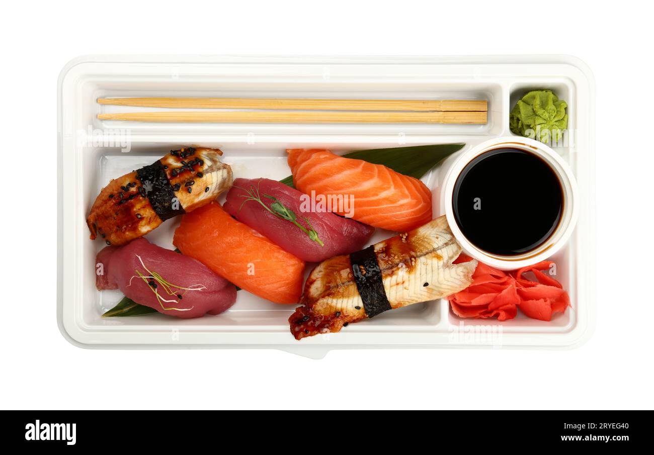 Take away set of nigiri sushi on white Stock Photo