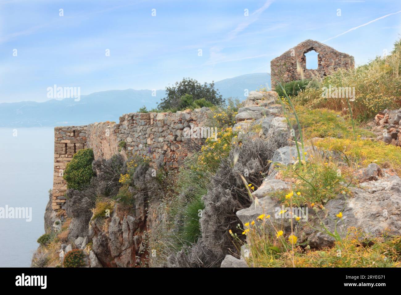 Ruins of ancient Greek town Monemvasia at coast Stock Photo